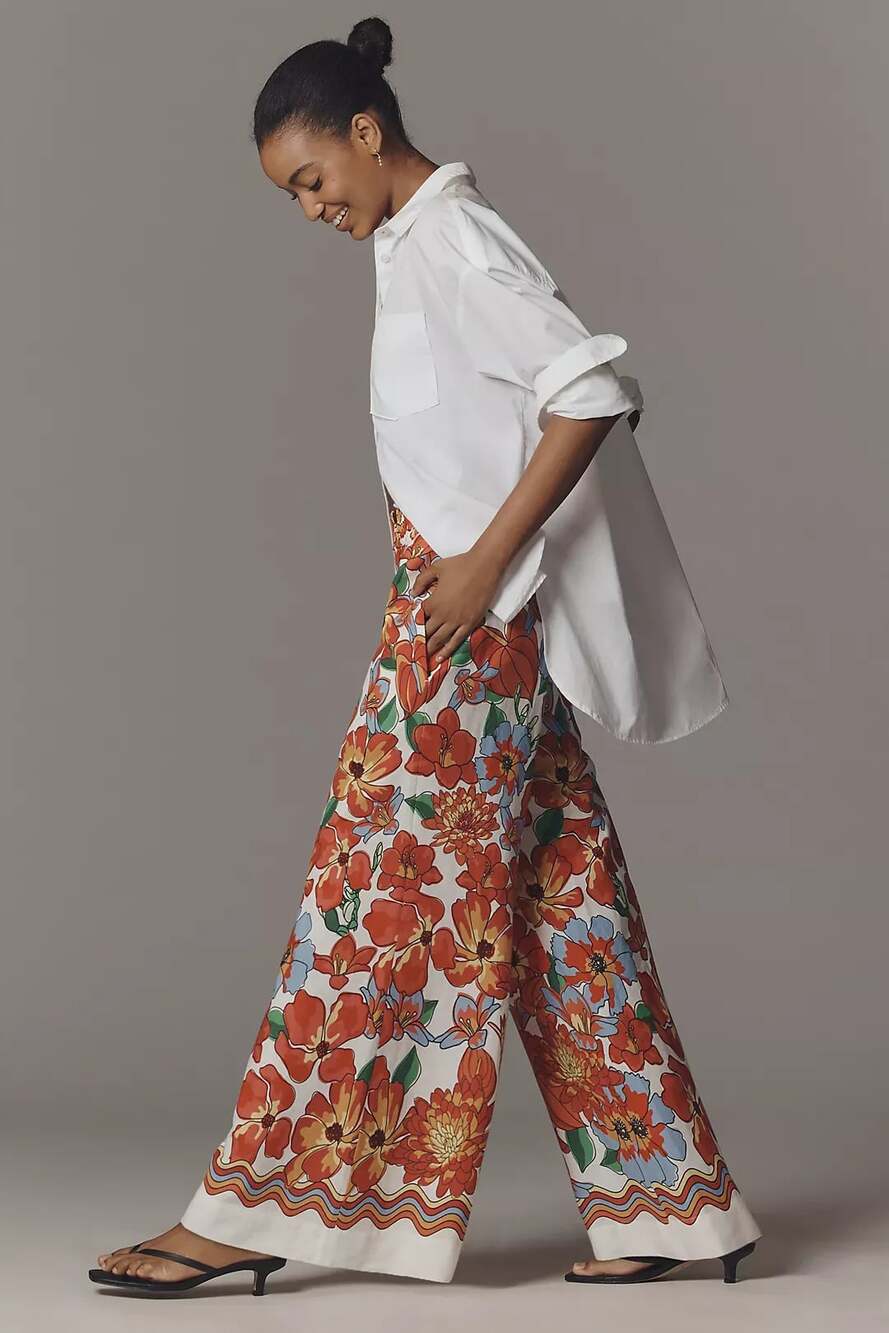 Farm Rio Wide Leg Pants Floral Print White Linen Viscose